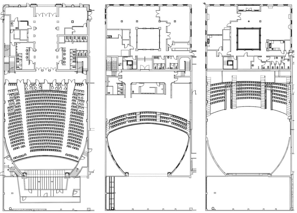 Three CAD floor plans of a theatre (seating, stage)