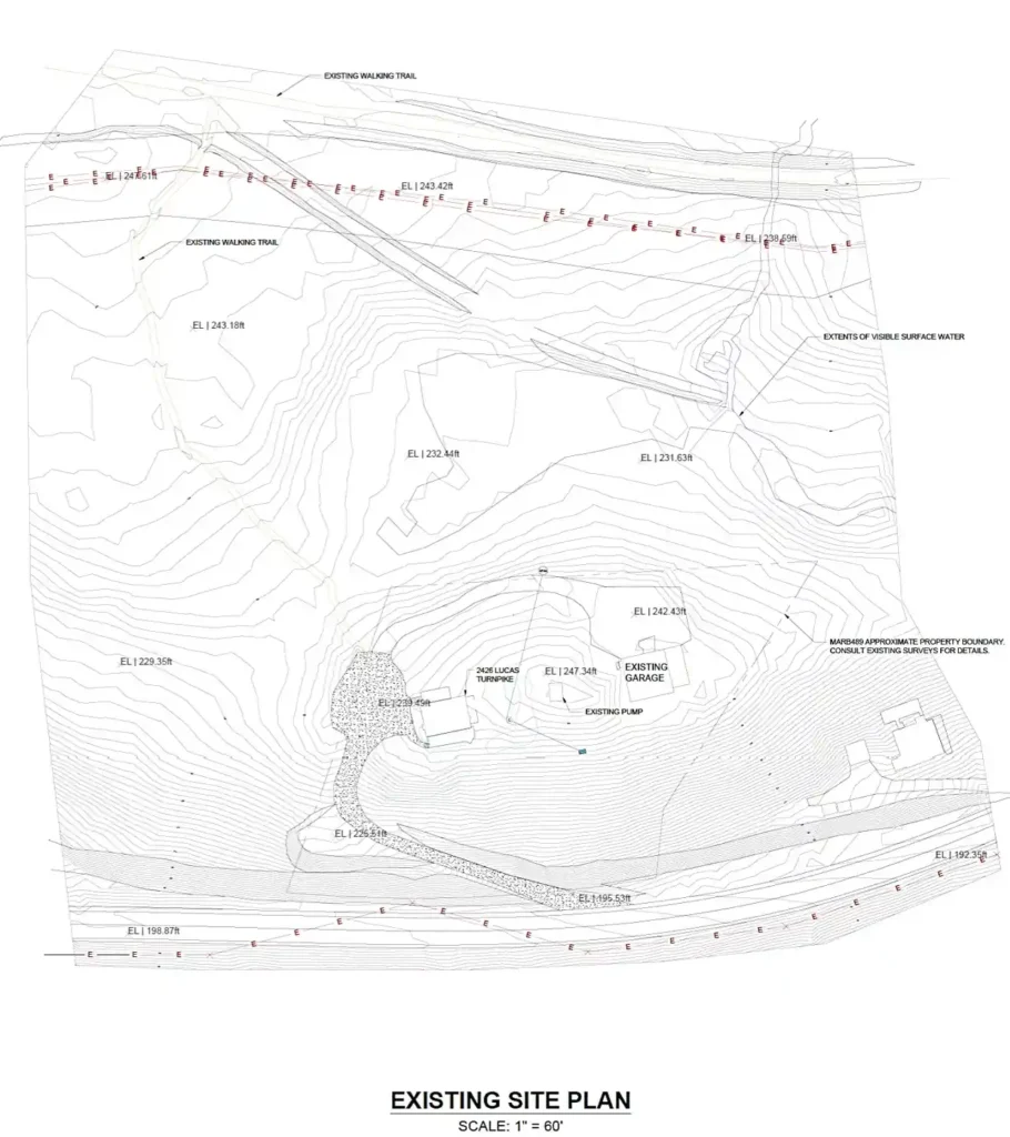 Existing site plan drawing with contour lines and labeled features
