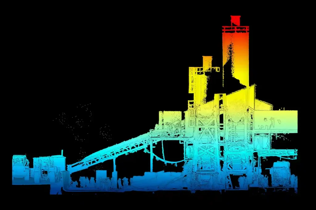 LIDAR point cloud of an industrial plant, colored by height from blue to red