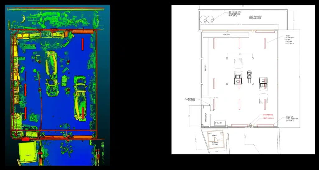 Point cloud scan of a building interior beside the matching floor plan drawing