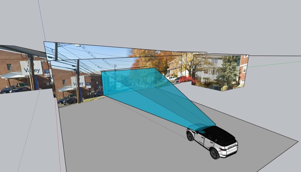 3D reconstruction of a sight line from a vehicle (blue cone)