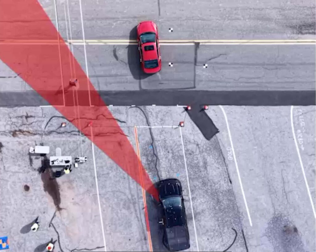 Overhead crash scene with sight line overlay