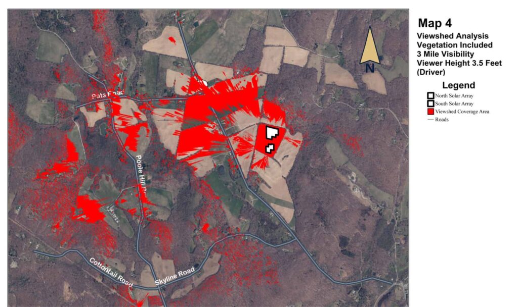 Viewshed analysis map, 3 mile visibility, vegetation included