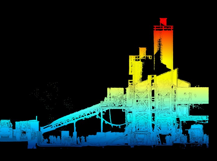 Ground scan of industrial plant (point cloud, height colored)