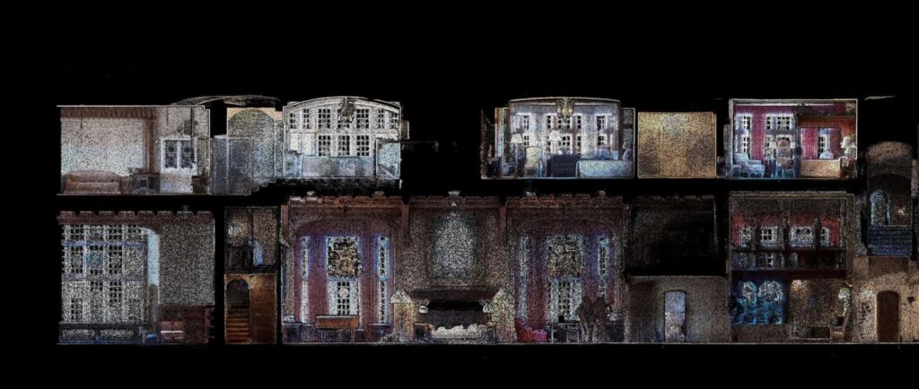 Wide elevation strip of a scanned building interior showing wall surfaces room by room