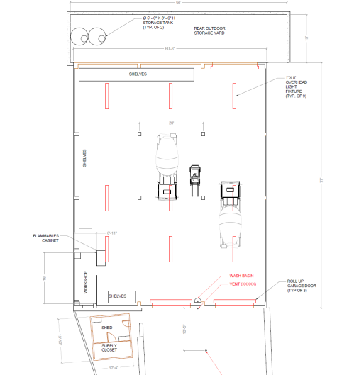 CAD floor plan drawn from scan (shop with shelving)