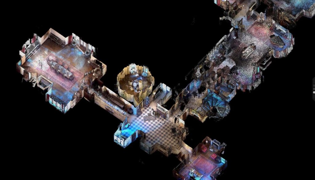 Isometric view of a scanned building floor plan with colored point cloud rooms