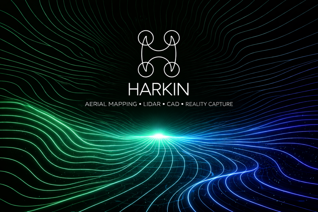 Harkin Aerial logo over flowing blue and green contour lines with the words Aerial Mapping, LIDAR, CAD, Reality Capture