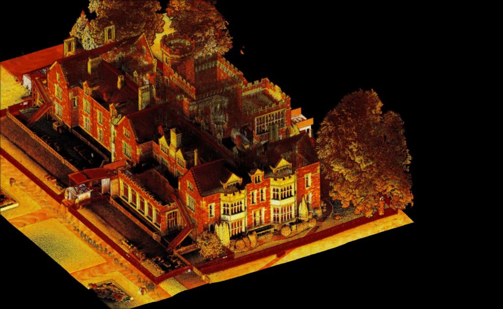 Point cloud of a Tudor-style estate, oblique