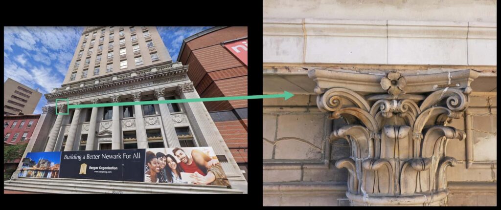 Building facade photo with a zoomed detail of an ornate cornice capital, linked by an arrow