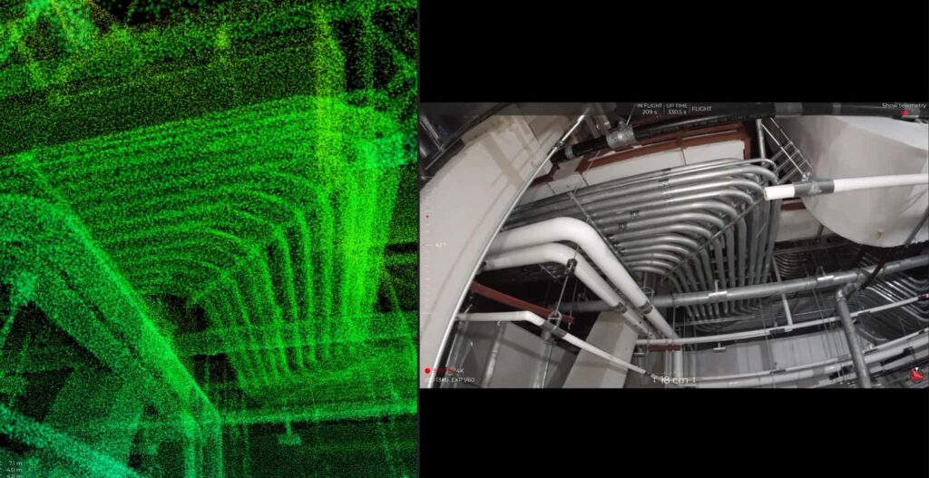 Green point cloud of overhead piping beside the matching camera view inside a confined space
