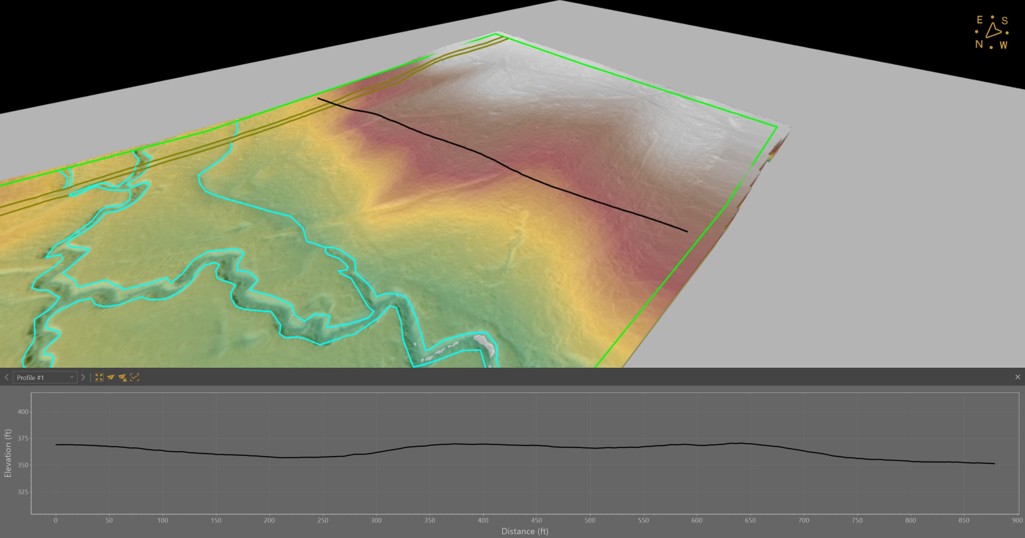 LIDAR terrain model with an elevation profile line and chart