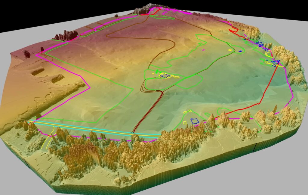 Terrain model with contours and boundary lines, elevation colored