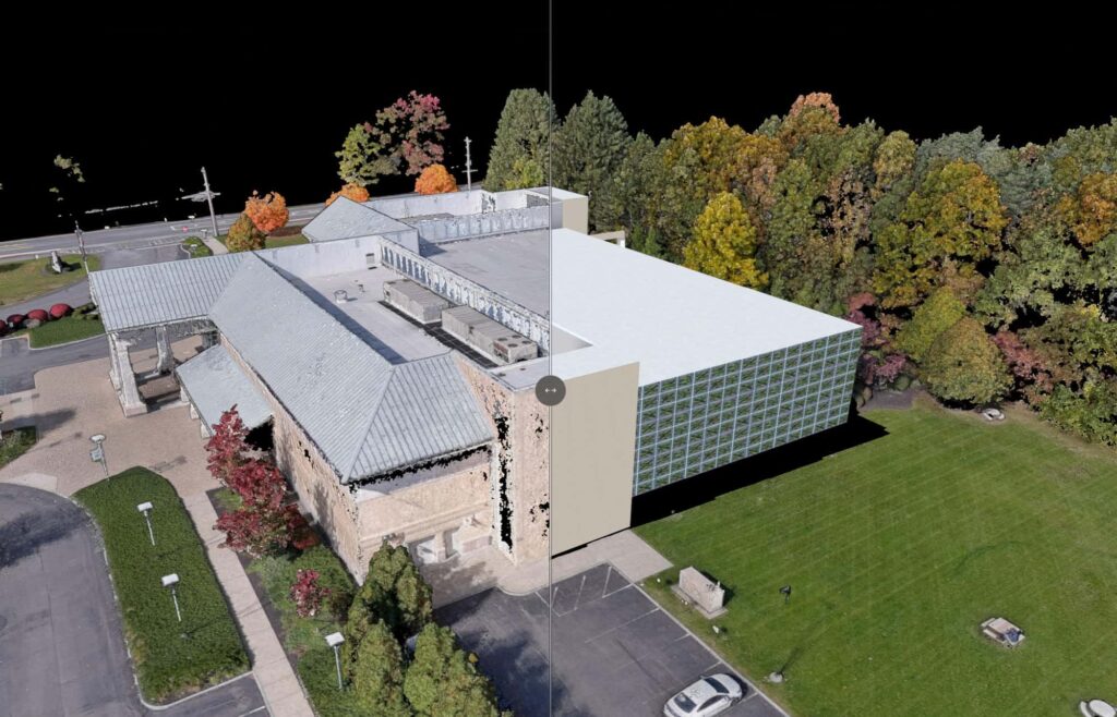 Aerial model of a building with point cloud to BIM overlay