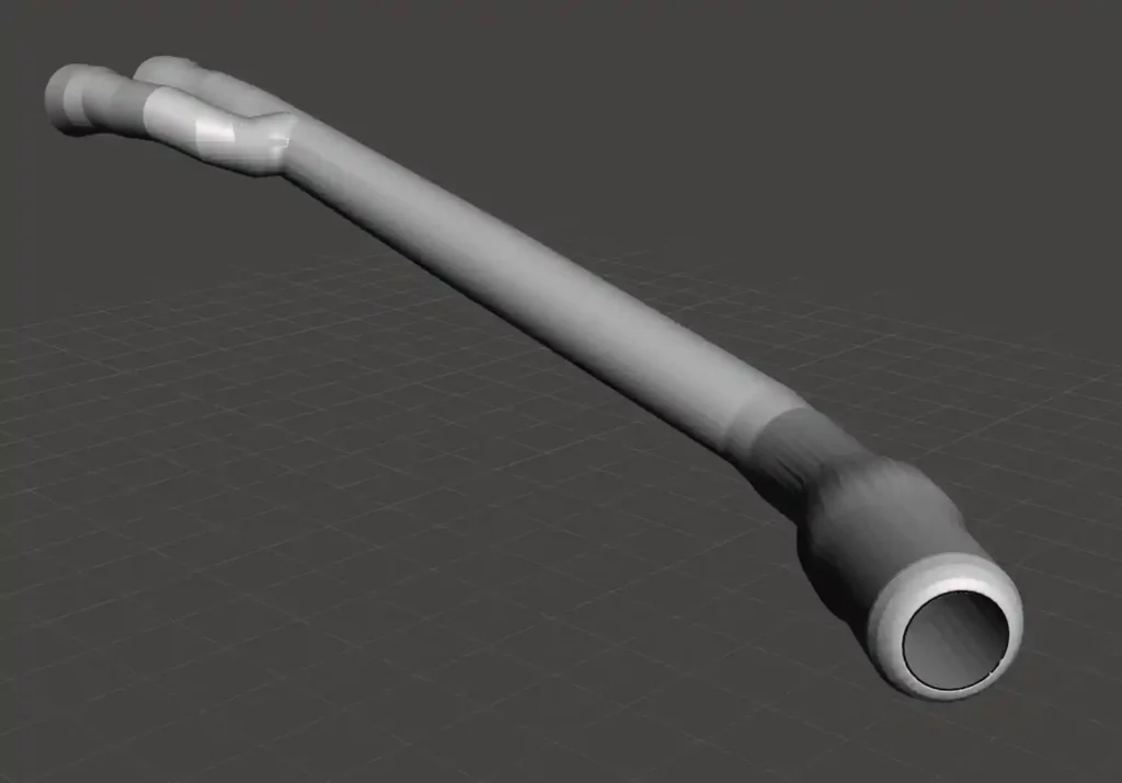 Scan-derived 3D model of a pipe run in gray on a grid