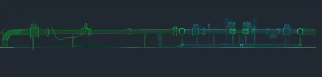 Scan-derived piping elevation drawn as green linework on a dark background