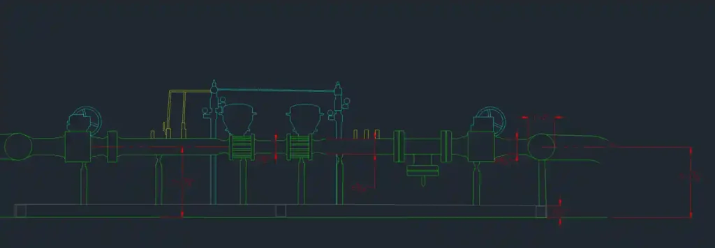 CAD drawing of a piping run with valves and dimensions in green and red linework