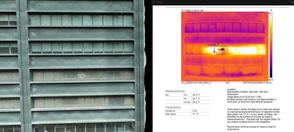 Facade inspection view with a thermal image and measurement report panel for a building exterior