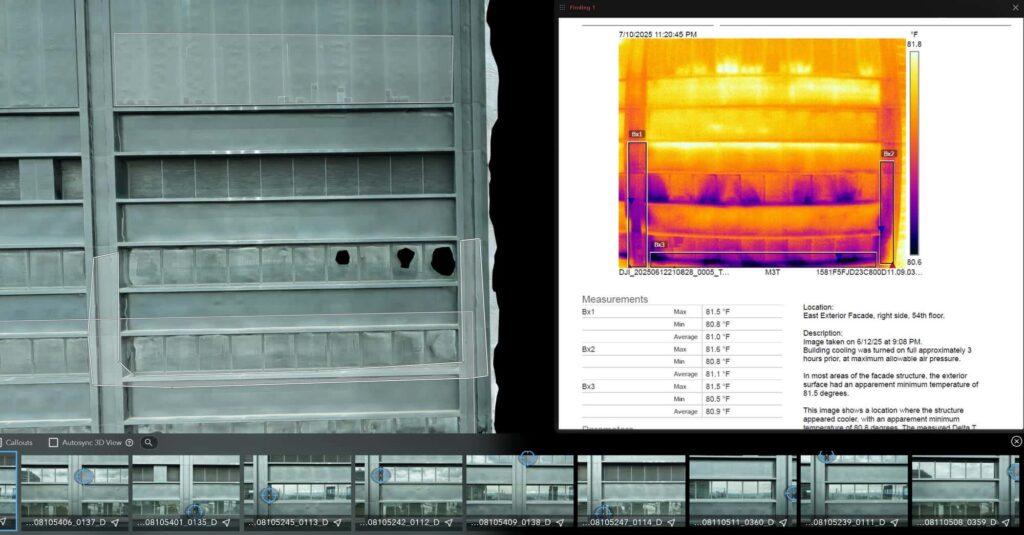 Facade inspection view with a thermal image and measurement report panel for a building exterior