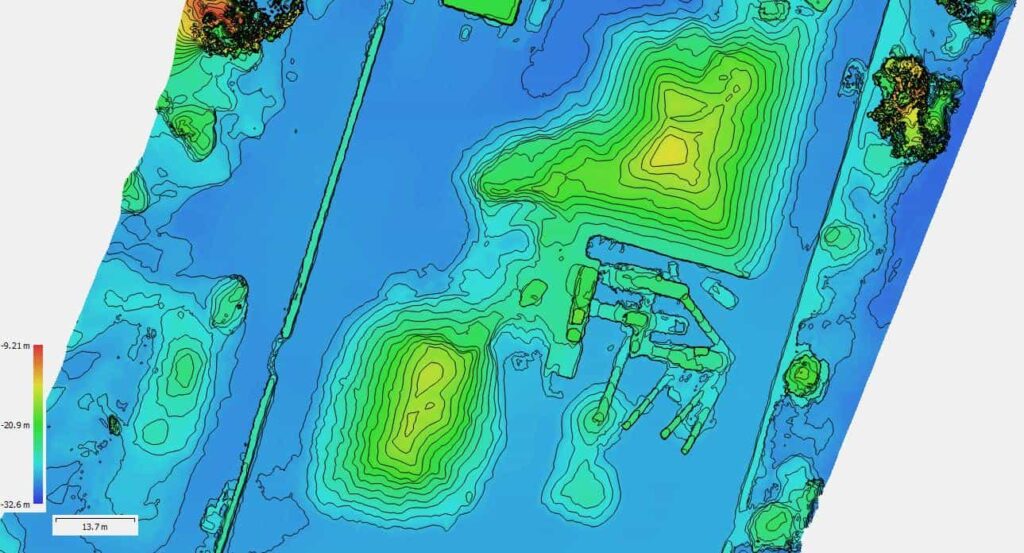 Color-coded elevation map with contour lines from drone mapping